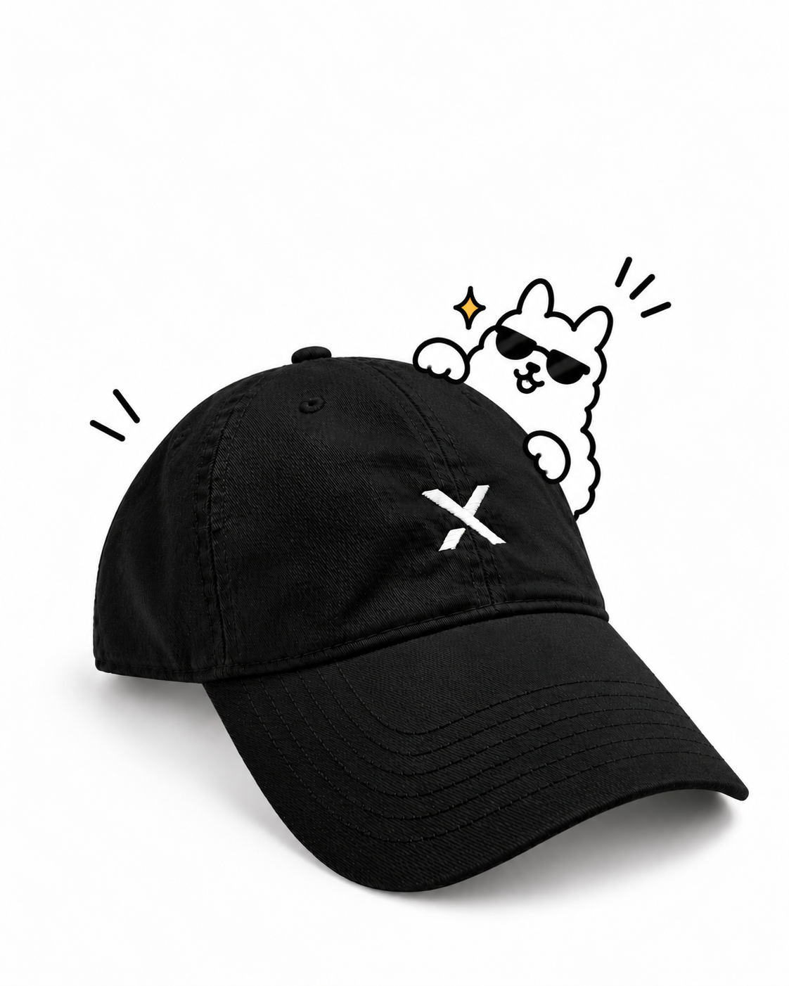 黑色 LOGO 刺繡經典老帽斜前方，正面白色 X Logo 刺繡，搭配手繪插畫