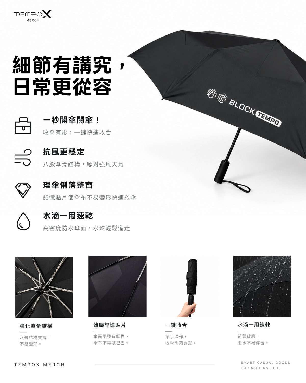 One Click 秒收品牌折疊傘（LOGO 更新版）功能說明：一秒開關傘、抗風、理傘俐落、水滴一甩速乾